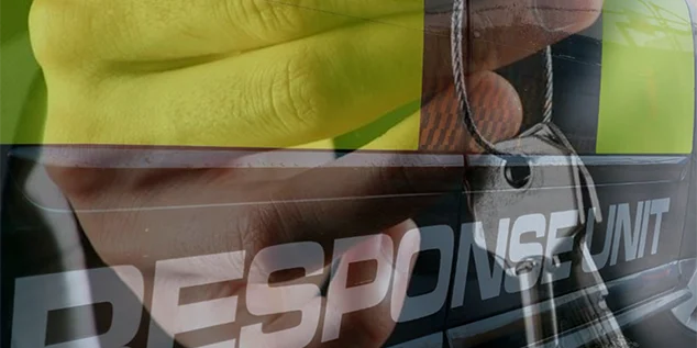 Security response vehicle with responder hand and response unit text.